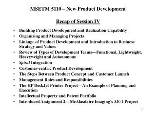 MSETM 5110 – New Product Development Recap of Session IV