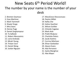 New Seats 6 th Period World! The number by your name is the number of your desk