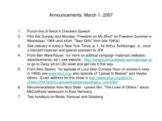 Announcements, March 1, 2007