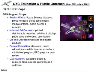 CXC EPO Scope EPO Program Scope : Public Affairs : Space Science Updates,