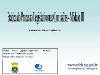 Prática do Processo Legislativo nas Comissões – Módulo III Data: 02, 05 e 06 de fevereiro de 2009