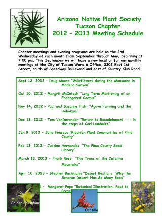 Arizona Native Plant Society Tucson Chapter 2012 – 2013 Meeting Schedule