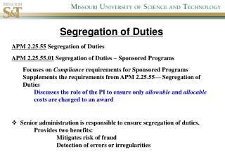 APM 2.25.55 Segregation of Duties APM 2.25.55.01 Segregation of Duties – Sponsored Programs