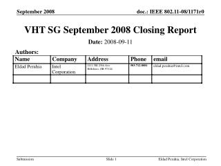 VHT SG September 2008 Closing Report