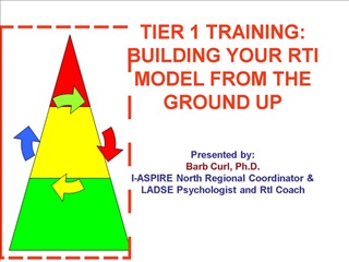 TIER 1 TRAINING: BUILDING YOUR RTI MODEL FROM THE GROUND UP Presented by: Barb Curl, Ph.D. I-ASPIRE North Regional