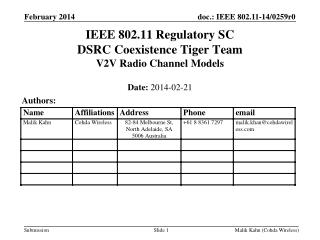 IEEE 802.11 Regulatory SC DSRC Coexistence Tiger Team V2V Radio Channel Models