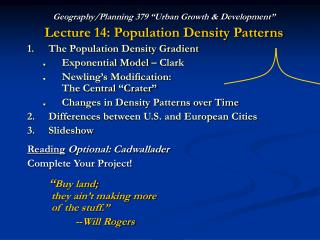 Geography/Planning 379 “Urban Growth &amp; Development” Lecture 14: Population Density Patterns