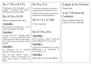 De 20 a 21 h Posada en comú de les conclusions i eslògans pintats dels diferents tallers.