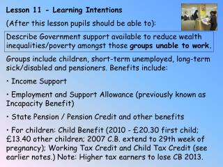 Lesson 11 - Learning Intentions (After this lesson pupils should be able to):