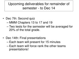 Upcoming deliverables for remainder of semester - to Dec 14