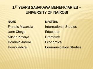 1 ST YEARS SASAKAWA BENEFICIARIES – UNIVERSITY OF NAIROBI NAME 			 MASTERS