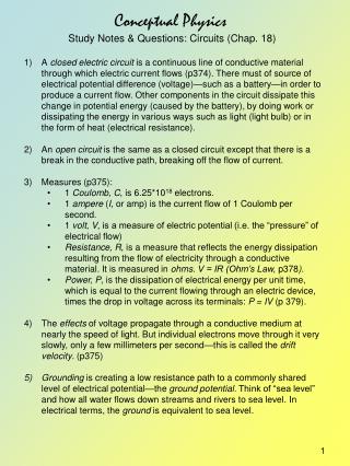 Conceptual Physics Study Notes &amp; Questions: Circuits (Chap. 18)