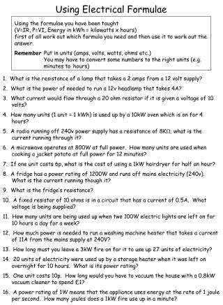 Using Electrical Formulae