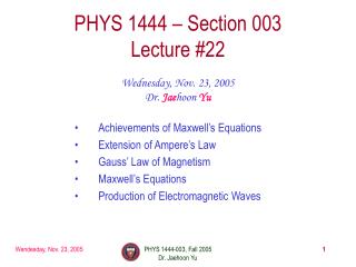 PHYS 1444 – Section 003 Lecture #22
