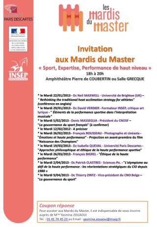 Invitation aux Mardis du Master « Sport, Expertise, Performance de haut niveau » 18h à 20h