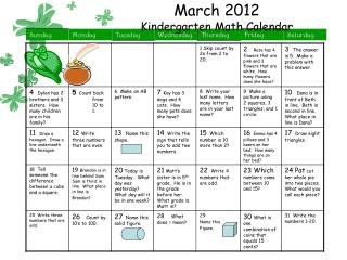March 2012 Kindergarten Math Calendar