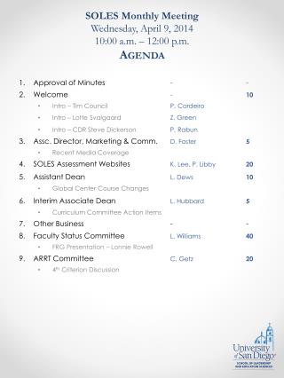 SOLES Monthly Meeting Wednesday, April 9, 2014 10:00 a.m. – 12:00 p.m. Agenda