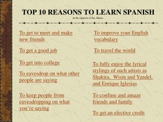 TOP 10 REASONS TO LEARN SPANISH in the opinion of Sra. Hanes.