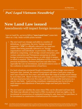 New Land Law issued Amendments will impact foreign investors