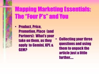 Mapping Marketing Essentials: The “Four P’s” and You