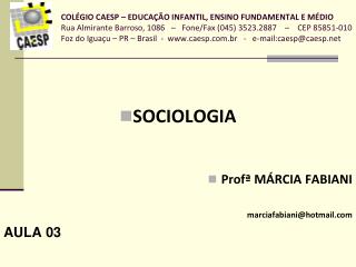 SOCIOLOGIA Profª MÁRCIA FABIANI marciafabiani@hotmail AULA 03