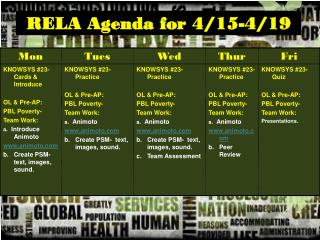 RELA Agenda for 4/15-4/19