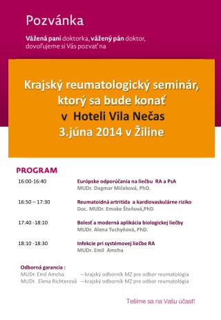 Krajský reumatologický seminár, ktorý sa bude konať v Hoteli Vila Nečas 3.júna 2014 v Žiline