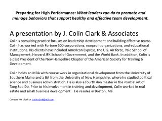 A presentation by J. Colin Clark &amp; Associates