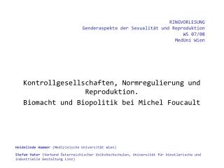 RINGVORLESUNG Genderaspekte der Sexualität und Reproduktion WS 07/08 MedUni Wien