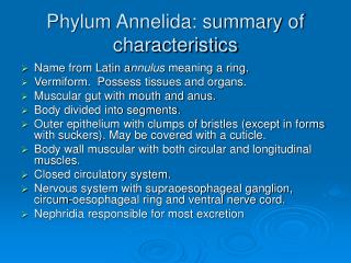 Phylum Annelida: summary of characteristics