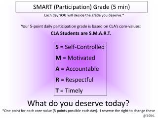 Your 5-point daily participation grade is based on CLA’s core-values: