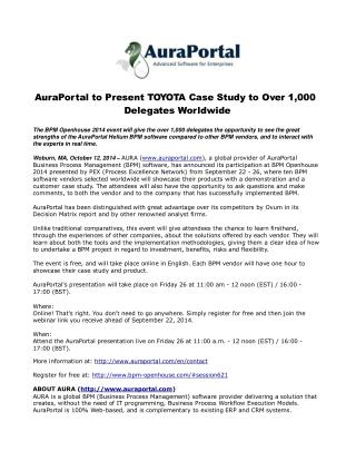 AuraPortal to Present TOYOTA Case Study to Over 1,000 Delega
