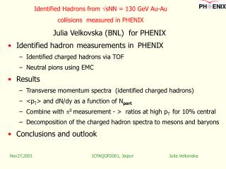 Identified Hadrons from  sNN = 130 GeV Au-Au collisions measured in PHENIX