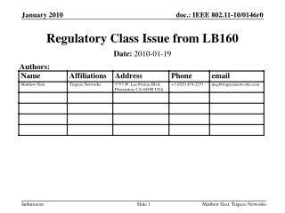 Regulatory Class Issue from LB160