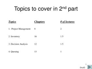 Topics to cover in 2 nd part