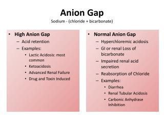 Anion Gap Sodium - (chloride + bicarbonate)