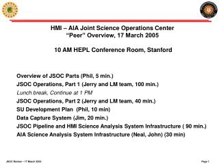 Overview of JSOC Parts (Phil, 5 min.) JSOC Operations, Part 1 (Jerry and LM team, 100 min.)