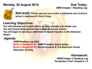 Due Today: OMM Chapter 1 Reading Log