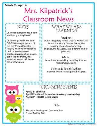 Mrs . Kilpatrick’s Classroom News