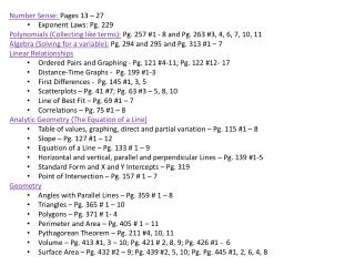 Number Sense: Pages 13 – 27 	Exponent Laws: Pg. 229
