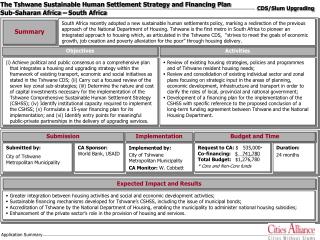 The Tshwane Sustainable Human Settlement Strategy and Financing Plan