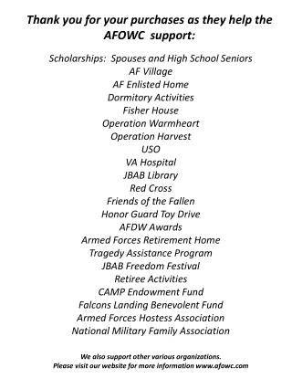 Thank you for your purchases as they help the AFOWC support: