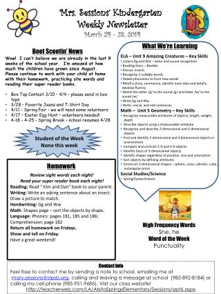 Mrs. Sessions’ Kindergarten Weekly Newsletter March 24 - 28 , 2014