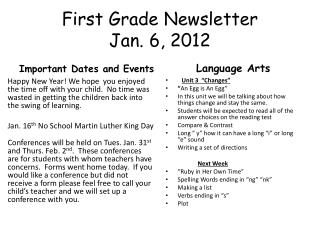 First Grade Newsletter Jan. 6, 2012