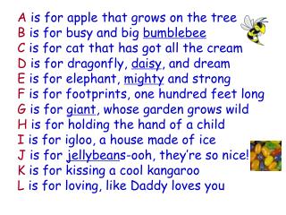 A is for apple that grows on the tree B is for busy and big bumblebee