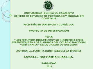 UNIVERSIDAD TÉCNICA DE BABAHOYO CENTRO DE ESTUDIOS DE POSTGRADO Y EDUCACIÓN CONTINUA