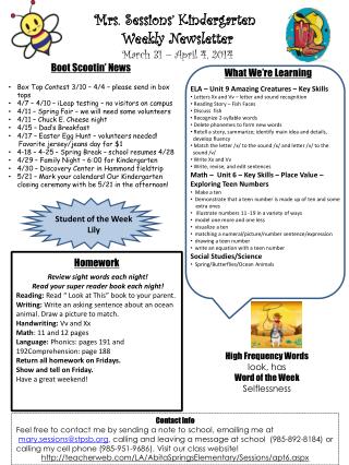 Mrs. Sessions’ Kindergarten Weekly Newsletter March 31 – April 4 , 2014