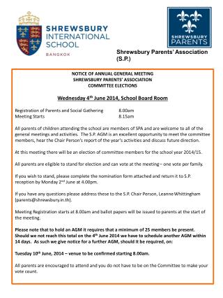NOTICE OF ANNUAL GENERAL MEETING SHREWSBURY PARENTS’ ASSOCIATION COMMITTEE ELECTIONS