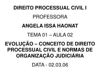 DIREITO PROCESSUAL CIVIL I PROFESSORA ANGELA ISSA HAONAT TEMA 01 – AULA 02
