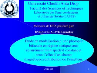 Université Cheikh Anta Diop Faculté des Sciences et Techniques Laboratoire des Semi-conducteurs
